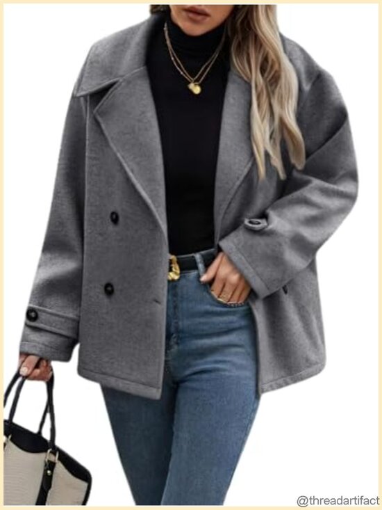 Jackets & Blazers - Women's Cropped Wool Blend Pea Coat Button Down Loose Fit